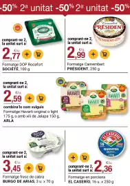 Folleto BonpreuEsclat Página 27: Président formatge camembert €2,99, Burgo de Arias formatge fresc de cabra €3,45