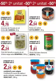 Folleto BonpreuEsclat Página 35: Cataliment perles de salmó €2,54, Serpis olives farcides d'anxova €1,61