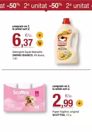 Folleto BonpreuEsclat Página 50: Scottex paper higiènic original €2,99, Omino Bianco Detergent líquid Marsella €6,37
