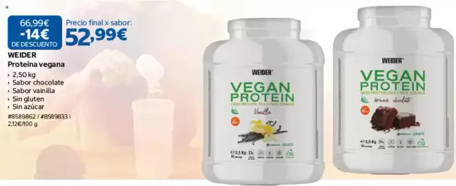 Catálogo Costco Página 3: 66,99€ -14€ DE DESCUENTO WEIDER Proteína vegana › 2,50 kg > Sabor chocolate › Sabor vainilla > ›