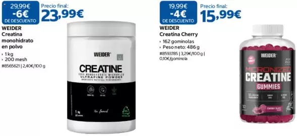Catálogo Costco Página 4: 29,99€ Precio final: -6€ 23,99€ DE DESCUENTO WEIDER Creatina monohidrato en polvo › 1kg › 200 mesh