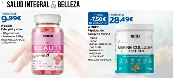 Catálogo Costco Página 5: Weider péptidos de colágeno marino €28,49, Weider beauty gummies €9,99