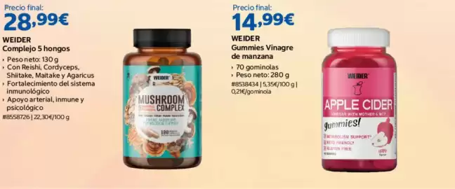 Catálogo Costco Página 7: Weider complejo 5 hongos €28,99, Weider gummies vinagre de manzana €14,99