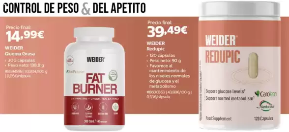 Catálogo Costco Página 8: Weider quema grasa €14,99, Weider redupic €39,49