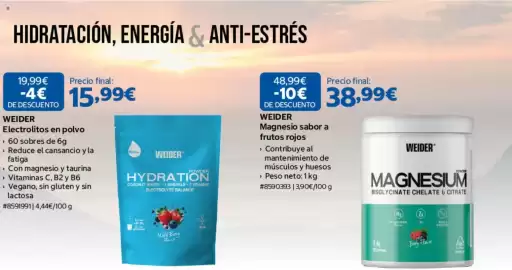 Catálogo Costco Página 9: Weider magnesio sabor a frutos rojos €38,99, Weider electrolitos en polvo €15,99