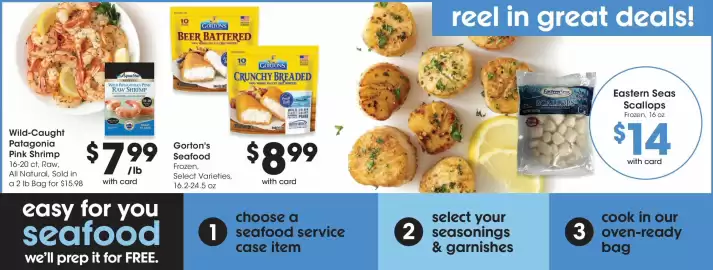 QFC weekly ad week 40 Page 10: AquaStar Wild Patagonian Pink Raw Shrimp €15,98, Gorton's Seafood €8,99