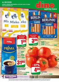 Dino gazetka tydzień 40 Strona 1: Pomidory €4,99, Parówki Classic Berlinki €3,99