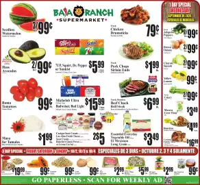 Baja Ranch weekly ad week 40 Page 1: Fresh, Boneless Beef Chuck Roll Steak €6,99, Hass Avocados €0,99