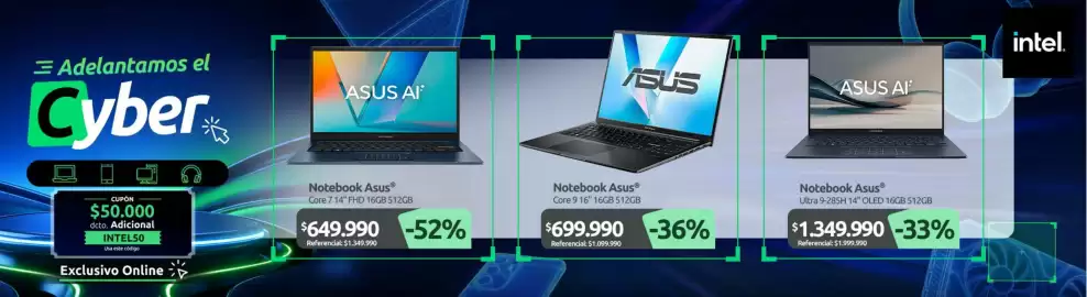 Catálogo PC Factory Página 9: Asus - notebook €1.349.990,00, Asus - notebook core 7 14 fhd 16gb 512gb €649.990,00