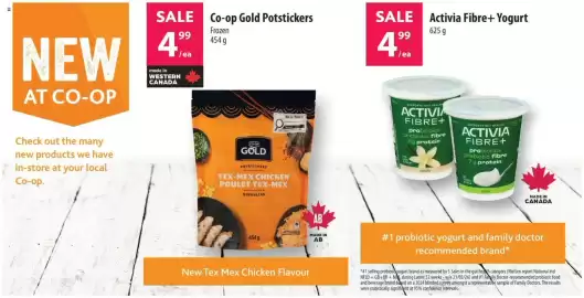 Co-op flyer week 40 Page 8: II SALE Co-op Gold Potstickers 99 NEW 4 AT CO-OP made in WESTERN CANADA Frozen 454g SALE Activia