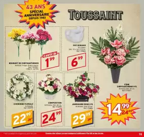 Catalogue Trafic page 15: Bouquet de chrysanthèmes €1,99, COURONNE FLORALE €22,99