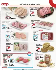 Volantino Coop Superstore Pagina 10: Arrosticini di pollo Origine €3,99, Hamburger di vitello con bovino adulto Coop €1,49