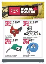 Co-op flyer Page 1: Fill-Rite fr710vn 115-v, 20-gpm, transfer pump €1.099,00, Discharge hose assembly €69,97