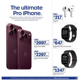 Officeworks catalogue Page 16: Apple Watch Ultra 4 €1.347,00, Apple Watch Series 12 42mm GPS €647,00