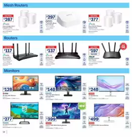 Officeworks catalogue Page 14: Lenovo 27" QHD Monitor €248,00, Msi 24" FHD 144Hz Monitor €128,00