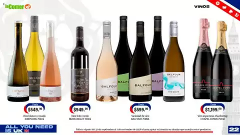 Folleto La Comer Página 22: Chapel Down vino espumoso chardonnay €1.199,00, Burn Valley Marsh Red 2023 €949,00