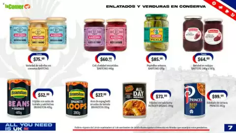Folleto La Comer Página 7: Bartons pepinillos enteros €85,00, Branston baked beans with sausages €52,00