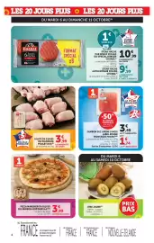 Catalogue U Express page 4: DUC Hauts de cuisse ou pilons de poulet €3,99, Pizza Margherita Olives €3,99