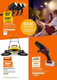 OBI Prospekt Seite 3: Kärcher Handkehrmaschine „S4 Twin“ €109,99, Einhell Akku-Astkettenäge „GE-PS 18/15 Li BL-Solo“ €74,99