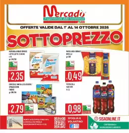 Volantino Mercadò Pagina 1: Kinder Brioss Latte e Cacao €2,35, Croccole Omega 3/Classiche/Spinaci/Semi Findus €2,79