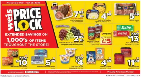 Weis Markets weekly ad Page 1: Folgers Coffee €11,99, Coke Products Mini €13,00