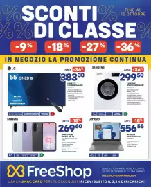 Volantino FreeShop Pagina 1: LG 55" QNED AI €383,30, Samsung lavatrice €299,50