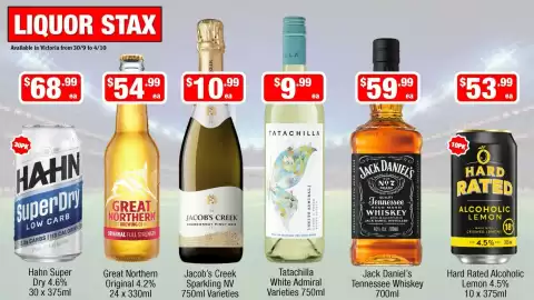 Liquor Stax catalogue Page 1: Jacob's Creek Sparkling NV Varieties €10,99, Jack Daniel's Tennessee Whiskey €59,99