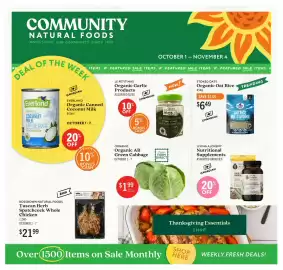 Community Natural Foods flyer Page 1: Le petit mas organic garlic products