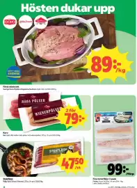 Coop reklamblad vecka 41 Sida 2: Findus fina torskfiléer €99,00, Gøl röda pölser och wienerpölser €79,00