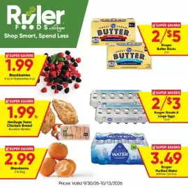Ruler Foods weekly ad Page 1: Super Savers Blackberries €1,99, Kroger Grade A Large Eggs €3,00