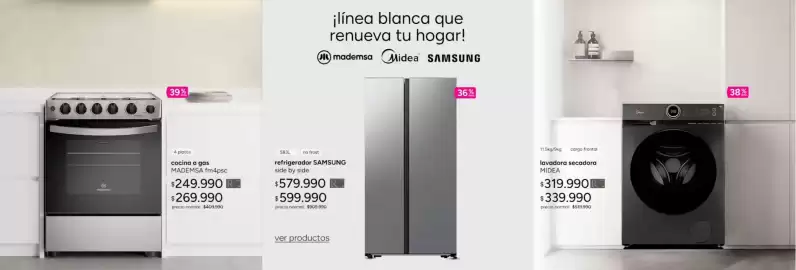 Catálogo Ripley Página 9: Mademsa - cocina a gas €249.990,00, Samsung - refrigerador side by side €599.990,00