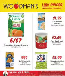 Woodman's weekly ad week 40 Page 1: Green Giant Canned Pumpkin €1,17, Skinny Pop Original Popcorn €3,99