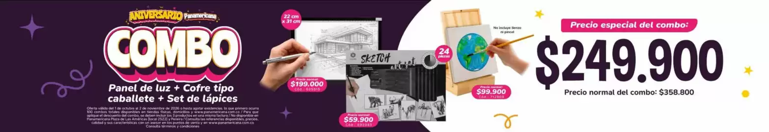 Catálogo Panamericana Página 10: Aniversario - combo panel de luz + cable tipo caballete + set de lápices €249.900,00