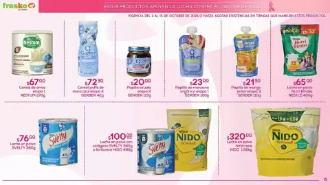 Folleto Fresko Página 15: Gerber - papilla de mango €21,50, Gerber - papilla ciruela etapa 2 €20,00