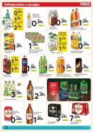 Folheto Froiz Página 14: Refrigerante Sumol limão, laranja ou ananás €1,29, Cerveja Sagres mini preta €3,49