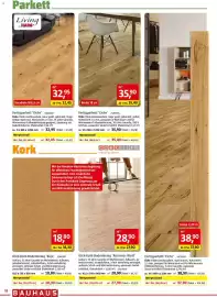 Bauhaus Prospekt Seite 18: Klick-Kork-Bodenbelag 'Abrantes Weiß' €28,90, Fertigparkett 'Eiche' €38,90