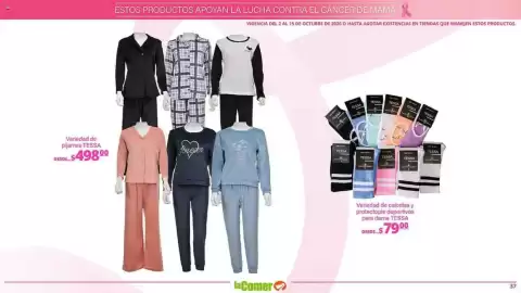 Folleto La Comer Página 37: Variedad de pijamas tessa €498,00, Variedad de calcetas y protectopie deportivos para dama €79,00