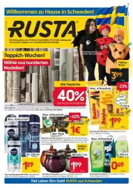 Rusta Prospekt woche 40 Seite 1: Duftkerze Pumpkin aus Glas €1,99, Duschgel Duschdas €0,69