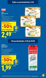 Lidl gazetka tydzień 41 Strona 5: Mleko UHT Mazurski Smak Mlekpol 3,2% €1,99, Masło ekstra Pilos 83% €2,49