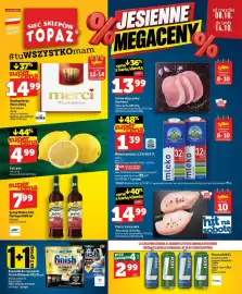Topaz gazetka tydzień 41 Strona 1: Bombonierka Merci Finest Selection €14,99, Piwo Lech Premium €2,99