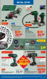 Lidl Prospekt woche 43 Seite 19: PARKSIDE Akku-Schlagbohrschrauber 20 V €39,99, PARKSIDE Akku-Winkelschleifer 20 V €24,99