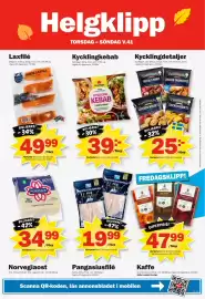 Pekås reklamblad vecka 41 Sida 8: Kronfågel kycklingkebab €39,00, Guldfågeln chicken nuggets €25,00