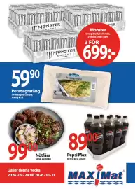 MaxiMat Svinesund kundeavis uke 41 Side 1: Nötfärs €99,00, Monster energidryck €699,00