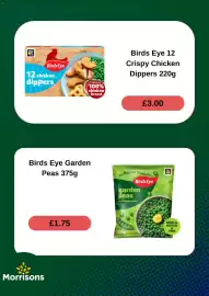 Morrisons leaflet week 41 Page 3: Birds Eye garden peas €1,75, Birds Eye 12 crispy chicken dippers €3,00