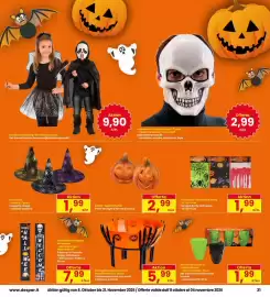 Volantino Interspar Pagina 31: Cestino arancione con mani scheletro €5,99, Set 3 bicchierini a forma di teschio €1,99