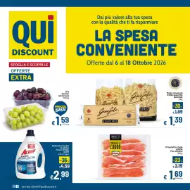 Volantino Qui Discount Pagina 1: Prosciutto crudo Fior di Fette €1,69, Uva bianca/nera/rossa €1,59