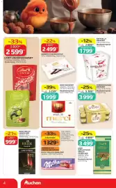 Auchan akciós újság Oldal 4: Ferrero Rocher desszert €3.999,00, Lindt Dubaistílusú táblás csokoládé €3.499,00