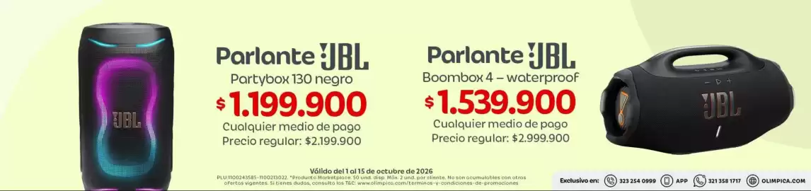 Catálogo Olímpica Página 4: Boombox - 4 waterproof €1.539.900,00, Pago - parlante partybox 130 negro €1.199.900,00