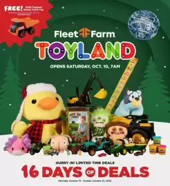 Mills Fleet Farm weekly ad Page 1: AMERIC 2026 Toyland FREE! Dump Truck Toy to the first 125 customers Sat., Oct. 10. with