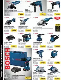 Builders Warehouse catalogue Page 36: BOSCH 600 W Impact Drill €499,00, BOSCH 1400 W Circular Saw €1.399,00